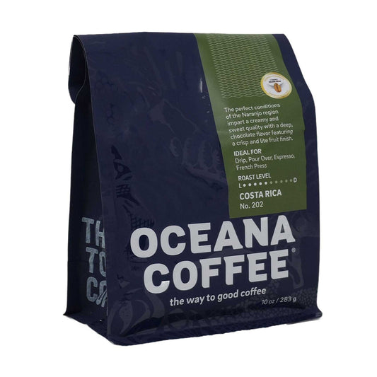 Costa Rica medium roast coffee with smooth chocolate, toasted almonds, brown sugar, and orange notes, Rainforest Alliance Certified